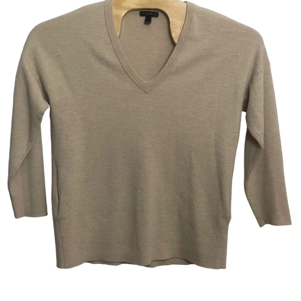 J Crew Womens Large 100% Wool V Neck Beige Sweater‎ 3/4 Sleeve